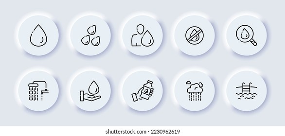 Icono de conjunto de agua. Gota, lluvia, hombre, no entre con agua, tachada, lupa, ducha, plomería, higiene, bebida, escalera de piscina. Concepto de naturaleza. Estilo neomorfista. Icono de línea de vector para empresas