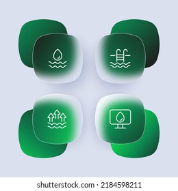 Water set icon. Drop, swimming pool, arrows up, evaporation, computer, laboratory analysis, ecology, clean. Nature concept. Glassmorphism style. Vector line icon for Business and Advertising.
