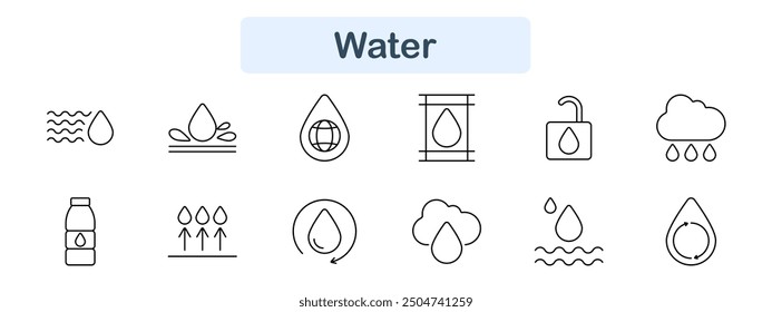 Water set icon. Drop, waves, splash, globe, lock, cloud, bottle, arrows, H2O, cycle, conservation, purity, liquid, hydrate, eco, rain, moisture, flow, nature, clean.