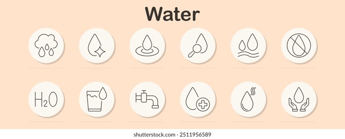 Ícone de conjunto de água. Gota, torneira, fornecimento, pureza, filtração, hidratação, qualidade, conservação, tratamento de água, gota de chuva, H2O, saneamento, água limpa, cuidado ambiental