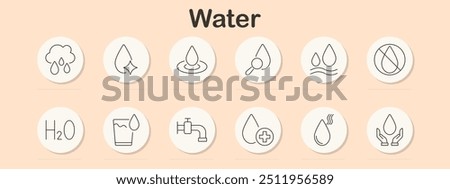 Water set icon. Droplet, faucet, supply, purity, filtration, hydration, quality, conservation, water treatment, raindrop, H2O, sanitation, clean water, environmental care