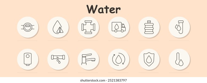 Wasserset-Symbol. Tröpfchen mit Warnung, Rohre, Wasserhahn, LKW, Flasche, Labortest, Wasserkreislauf, Schild, Filtration, Leckage, Wassertransport, Sanitär, Reinigung, Hydratation, Umwelt