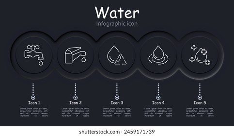 Water set icon. Faucet, aqua, recycling, improvement, cross, drop, ocean, water balance, water level, tap, crane, infographic, neomorphism, bathroom, hydrant. Environment care concept.