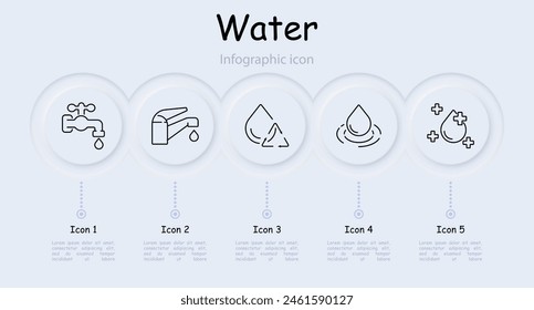 Icono de set de agua Grifo, agua, reciclaje, mejora, cruz, caída, océano, equilibrio de agua, nivel de agua, grifo, grúa, infografía, neomorfismo, baño, hidrante. Concepto de cuidado del medio ambiente.