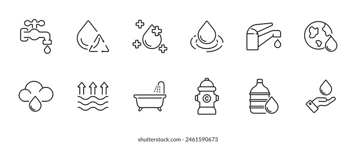 Icono de set de agua Grifo, agua, reciclaje, mejora, cruz, caída, océano, equilibrio de agua, nivel de agua, grifo, grúa, mundo, tierra, planeta, baño, hidrante, botella de agua. Concepto de cuidado del medio ambiente.