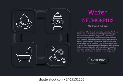 Water set icon. Faucet, aqua, neomorphism, improvement, cross, drop, ocean, water balance, water level, tap, crane, planet, bathroom, hydrant, water bottle. Environment care concept.