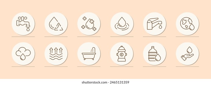 Water set icon. Faucet, aqua, recycling, improvement, cross, drop, ocean, water balance, water level, tap, crane, world, earth, planet, bathroom, hydrant, water bottle. Environment care concept.