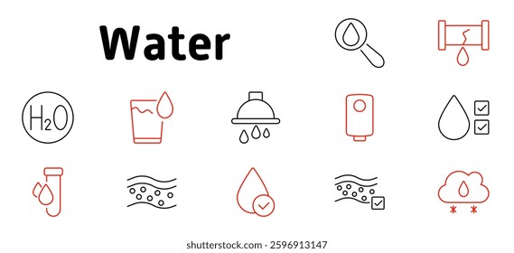 Water set icon. Hydration, water quality, filtration, plumbing system, shower usage, environmental impact, water supply, drinking safety, fluid control, water conservation