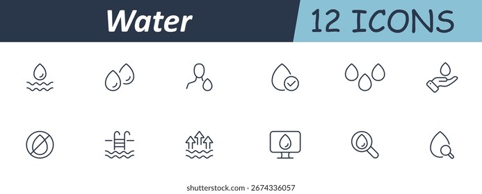 Icono de conjunto de agua. Gotas de línea, piscinas, manos, personas, íconos con superposiciones que incluyen check, cross, flechas, lupas, monitor, escalera de natación y Formas de conservación de líquidos