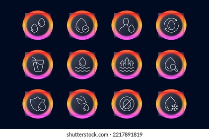 Water set icon. Liquid, drop in hand, aqua, drinking, evaporation, man, tick, wave, ice, cold, thirst, search drinking water, hydration. Save the water. H2O concept. Glassmorphism style