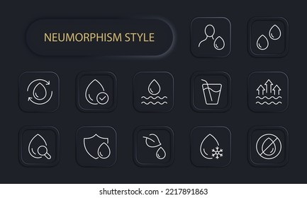 Water set icon. Liquid, drop in hand, aqua, drinking, evaporation, man, tick, wave, ice, cold, thirst, cocktail, mineral water, hydration. Save the water. H2O concept. Neomorphism style