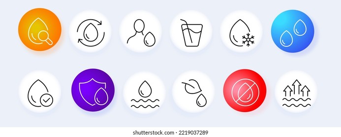 Water set icon. Liquid, drop in hand, aqua, drinking, evaporation, moisturizing, snowflake, man, tick, wave, ice, cold, thirst, cocktail, mineral water, hydration. Save the water. H2O concept