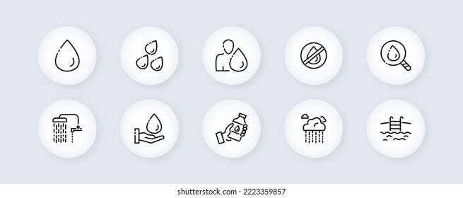 Icono de conjunto de agua. Líquido, gota de mano, agua, bebida, evaporación, piscina, sed, búsqueda de agua potable. Salven el agua. Concepto H2O. Icono de línea de vector para negocios y publicidad