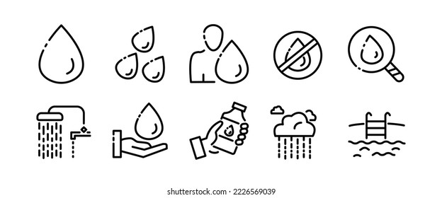 Water set icon. Liquid, drop in hand, aqua, drinking, evaporation, swimming pool, thirst, search drinking water. Save the water. H2O concept. Vector black set icon on a white background