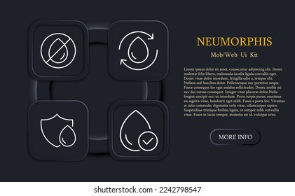 Water set icon. Liquid, moisturizing, water-based cosmetics, man, tick, wave, ice, cold, thirst, cocktail, mineral water, hydration Water concept. Neomorphism style. Vector line icon for Business
