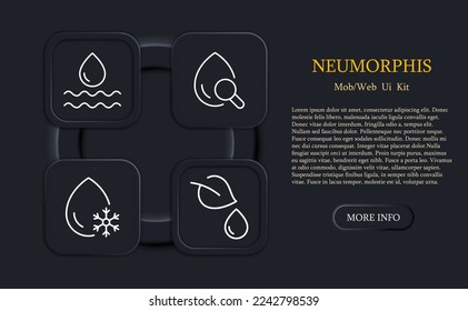 Water set icon. Liquid, thirst, cocktail, mineral water, water-based cosmetics, tick, wave, ice, cold, hydration. Water concept. Neomorphism style. Vector line icon for Business