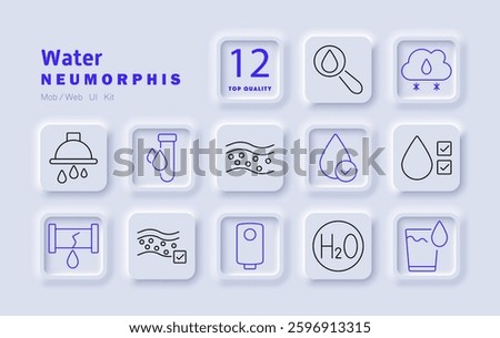 Water set icon. Water quality test, filtration, raindrop, plumbing, leak detection, drinking water, purification, H2O, weather impact, hydration, conservation