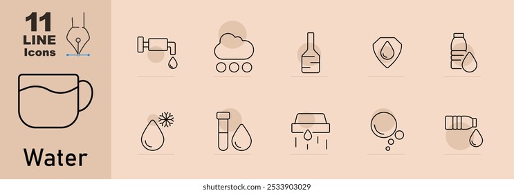 Water set icon. Tap with water, cloud with rain, bottle, water protection, bottled, cold drop, test tube, dripping, splash, drink, bottle