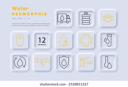 Wasserset-Symbol. Wasser-LKW, Container, Rohrleitung, Leckage, Wasserkreislauf, Wasserhahn, Vorsicht, Sanitär, Sicherheit, Wassersystem