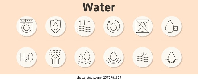 Water set icon. Washing machine, shield, airflow, cycle, restricted water, checkmark, H2O symbol, filtration, drops, water splash, sunrise, single drop