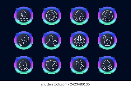 Water set line icon. Life-giving essence, moisture, sea, river, drop, rain, faucet, molecule. Glassmorphism style. Vector line icon for business and advertising