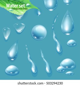 Water. Set of transparent water drops on blue background. Collection of water design elements. Vector illustration.
