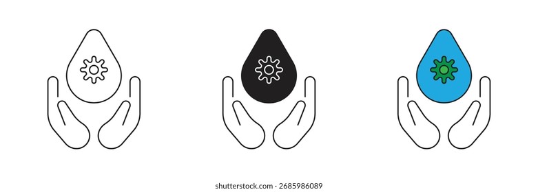 Water settings in hand icon set. Vector icon of a hand holding water regulation.