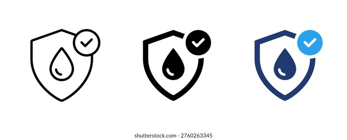 Water and shield icon. Save water and protection symbol. Hydration, conservation and eco-friendly liquid sign. Droplet and shield concept representing water safety and sustainable usage.