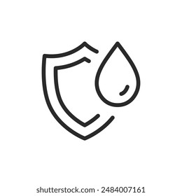 Wasserschild, Ikone im linearen Stil. Schutz vor Wasser. Bearbeitbare Strichbreite.