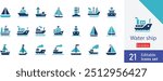 Water ship colored vector design icon set. maritime, nautical, vessel, boat, ferry,  fishing boat, submarine, navy ship and more illustration design