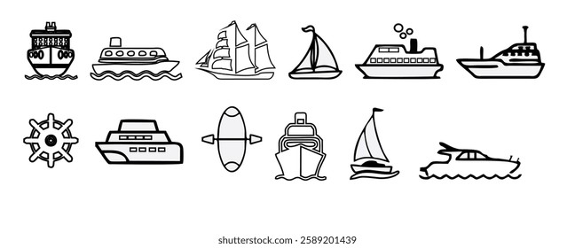 Water ship colored vector design icon set. maritime, nautical, vessel, boat, ferry, fishing boat, submarine, navy ship and more illustration design