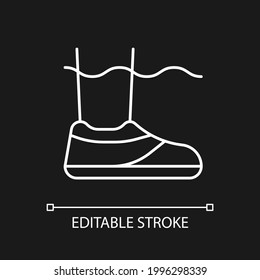Water shoes white linear icon for dark theme. Walking in wet, rocky environments. Protecting feet. Thin line customizable illustration. Isolated vector contour symbol for night mode. Editable stroke