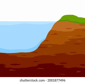 Water shore. Land in cross section. Coast of pond and bottom of lake. Ecology and geology. Flat cartoon illustration