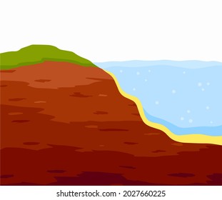 Water shore. Land in cross section. Coast of pond and bottom of lake. Flat cartoon illustration. Ecology and geology