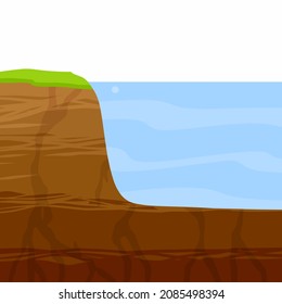 Water shore. Land in cross section. Coast of pond and bottom of lake. Ecology and geology. Flat cartoon illustration