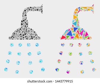 Water shower collage icon of triangle elements which have variable sizes and shapes and colors. Geometric abstract vector illustration of water shower.