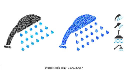 Water shower mosaic of small circles in various sizes and shades, based on water shower icon. Vector small circles are organized into blue mosaic. Dotted water shower icon in usual and blue versions.