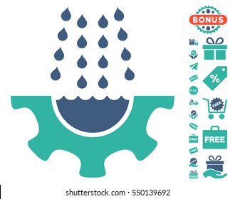 Water Shower Service Gear icon with free bonus pictograms. Vector illustration style is flat iconic symbols, cobalt and cyan colors, white background.