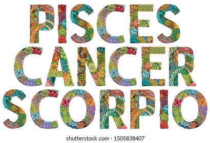 Water Signs Zodiac Pisces, Cancer and Scorpio. Vector zentangle object for decoration