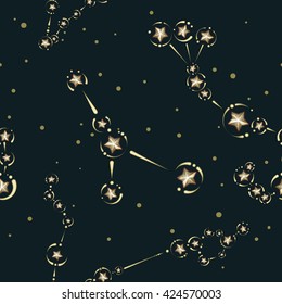 water signs of the zodiac. Seamless pattern. Three constellation - Cancer, Scorpio, Pisces. In the background there are Stars. Dark blue background, yellow stars