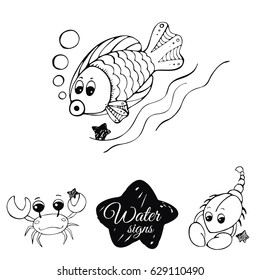 Water signs of the zodiac/Vector linear set of children's zodiac signs, sketch style