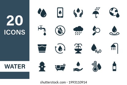 Water Silhouette Icons Set. Drop Water and Nature recycle Pictogram. Mineral Clean Water, Shower, Tap and Rain Icons. Check, Protect, Save and Care about Liquid. Vector illustration.