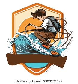 Etiqueta de la comunidad Water Ski con estilo de placa. Deportes náuticos extremos durante las vacaciones de verano. ilustración vectorial de dibujos animados