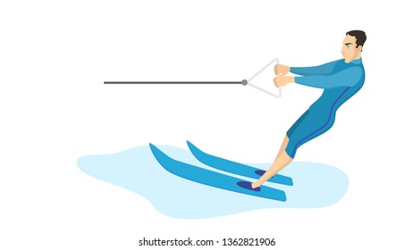 Water ski concept. Man in swimming costume on the sea or ocean. Summer activity on vacation. Vector illustration in cartoon style