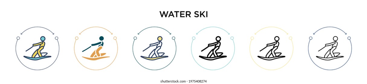 Water ski icon in filled, thin line, outline and stroke style. Vector illustration of two colored and black water ski vector icons designs can be used for mobile, ui, web