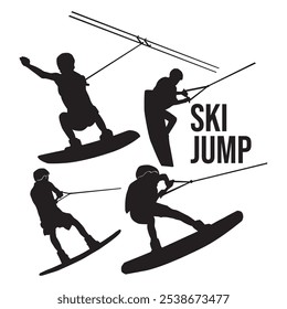 Water ski jumping vector silhouette set, extreme sport, shadow skier set, isolated on white