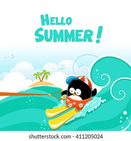 Water Ski Penguin Card