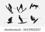 Water ski vector set silhouettes. Isolated on white background, Water sport, summer. Vector illustration.