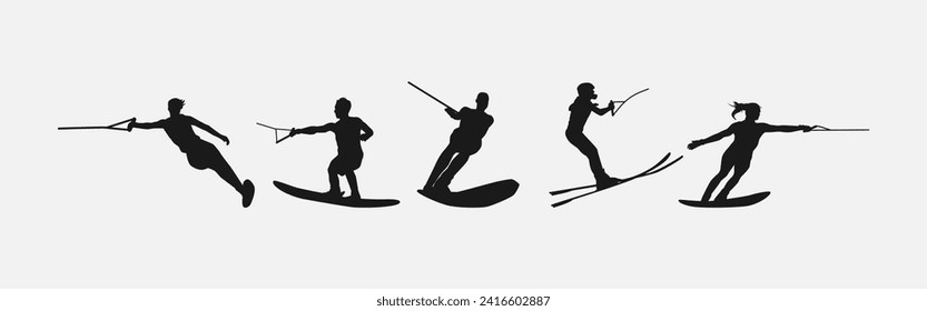 Water ski vector set silhouettes. Isolated on white background, Water sport, summer. Vector illustration.