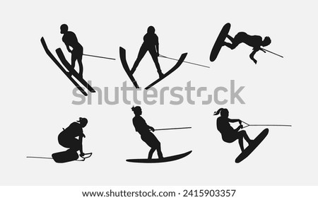 Water ski vector set silhouettes. Isolated on white background, Water sport, summer. Vector illustration.